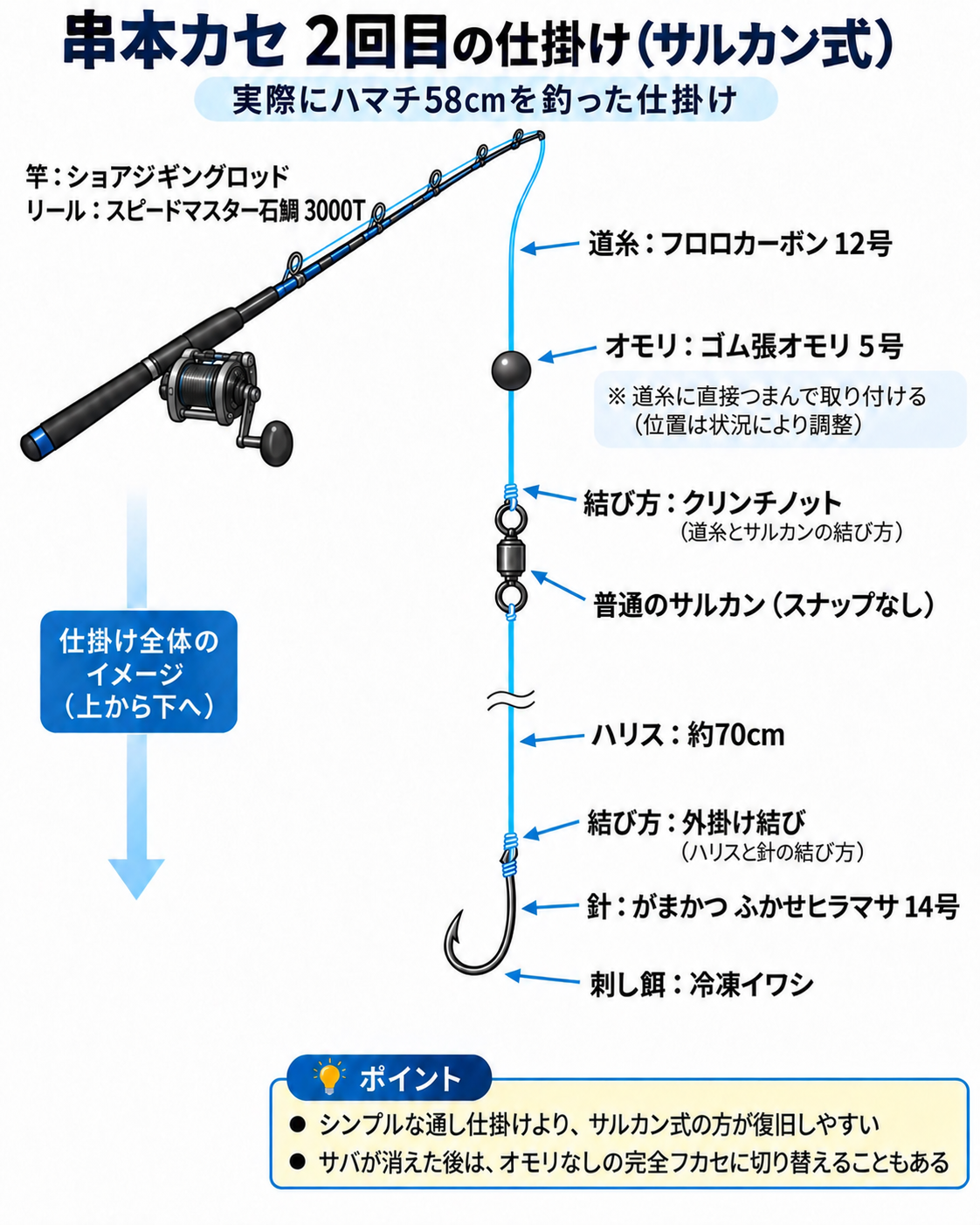 串本カセ2回目で使ったサルカン式仕掛けの全体図。両軸リールと上向きのロッドガイドを示した図